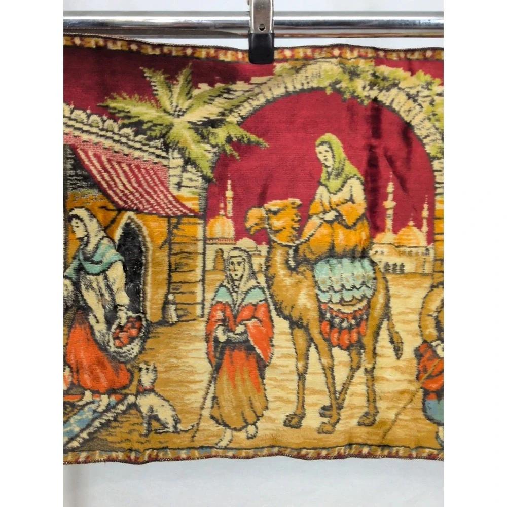 Vintage Italian Velvet Tapestry 41x19 Made In Italy Street Market Scene Camel